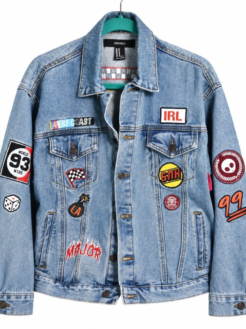 Forever 21 Custom Patch Denim Jacket Racing Moto Phoenix Women’s Medium - Picture 2 of 5